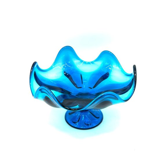 Vintage Bright Blue Compote Dish MCM Viking Art Glass Pedestal Bowl Dish 6 Point - Picture 5 of 10